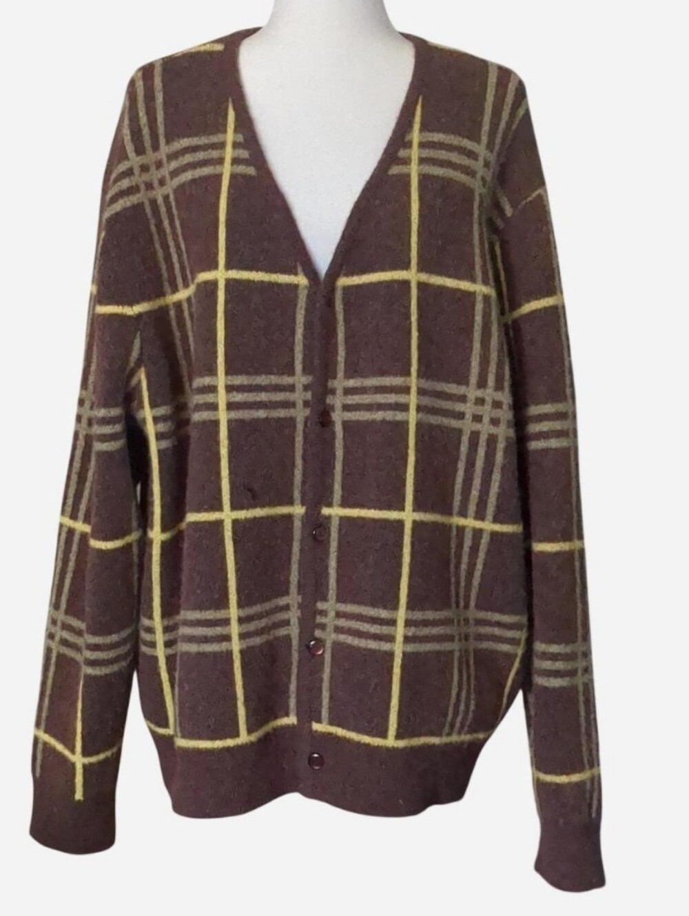 Vintage J. Peterman Mohair Wool Blend Windowpane Plaid Cardigan Sweater XL